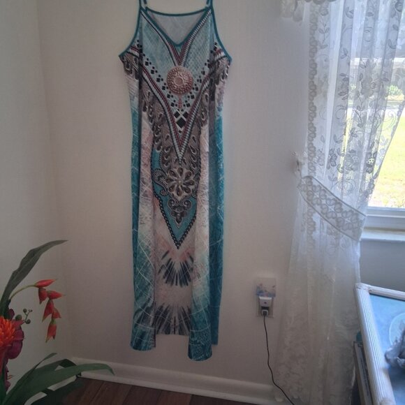 NEW COLORFUL ETHNIC STYLE 11.5" ADJUSTABLE SPAGHETTI STRAPS WOMAN'S DRESS 54"L - Picture 6 of 7